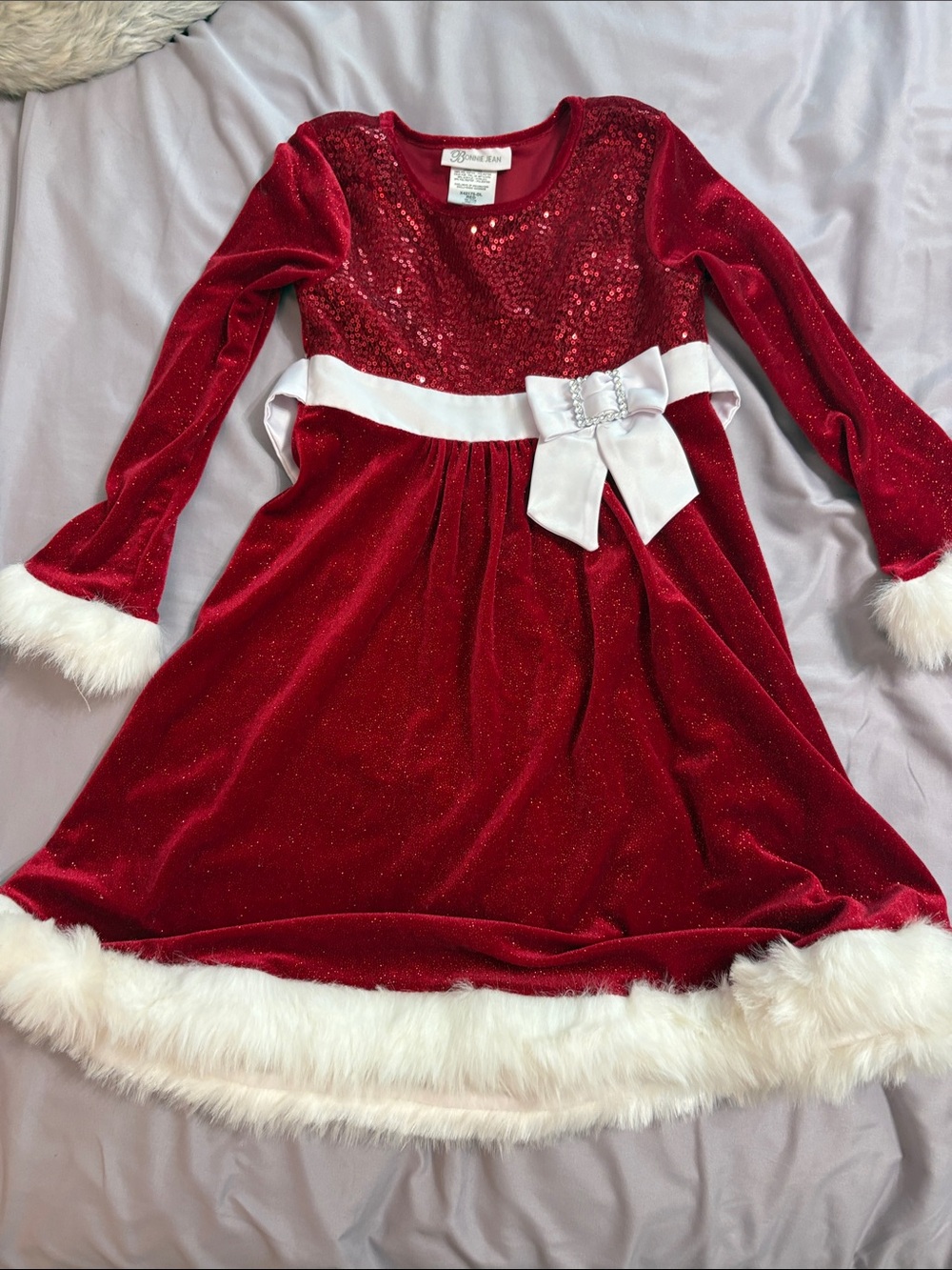 Bonnie Jean Red Sequin Dress with Faux Fur Trim